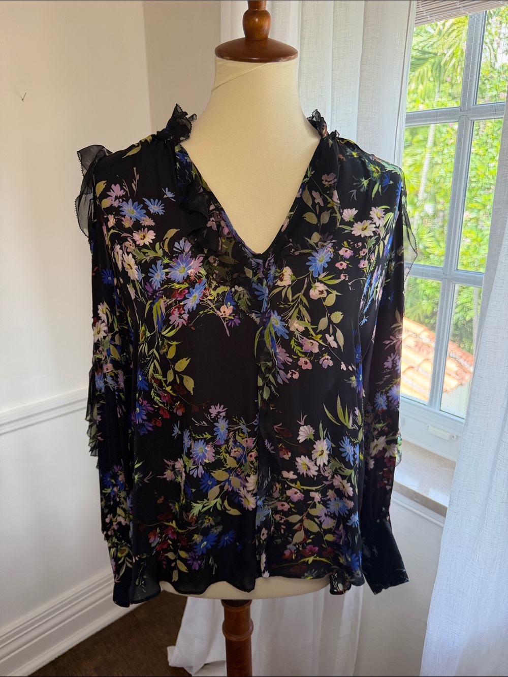 Parker Black Floral V-Neck Long Sleeve Top